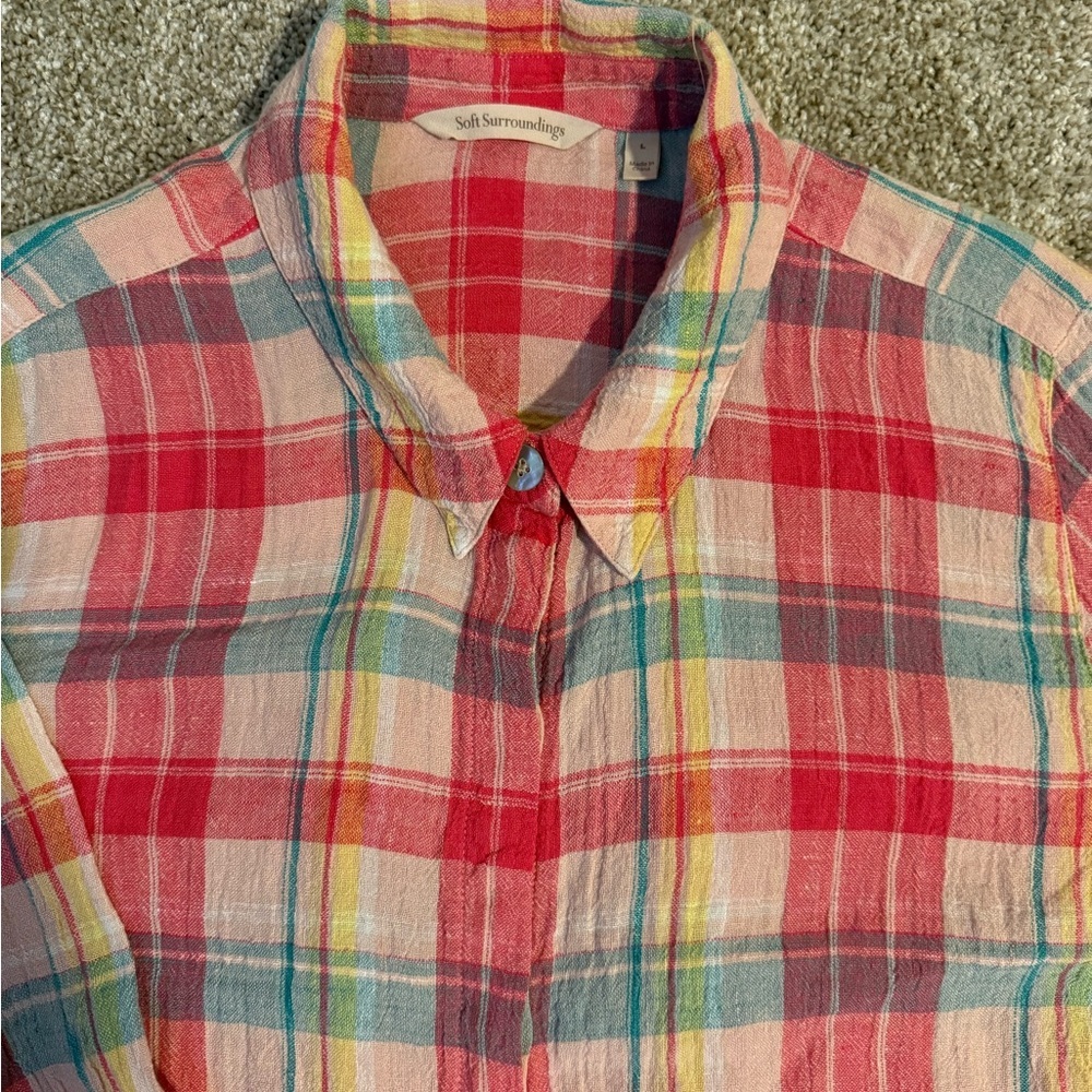 SOFT SURROUNDINGS Comfy Red and Green Button Down Shirt Womens Sz LARGE - Picture 14 of 14